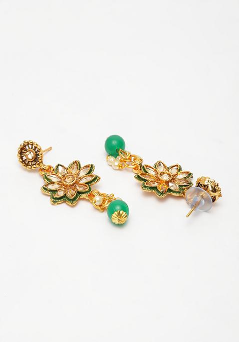 Green Gold Plated Kundan Necklace Set With Maang Tikka