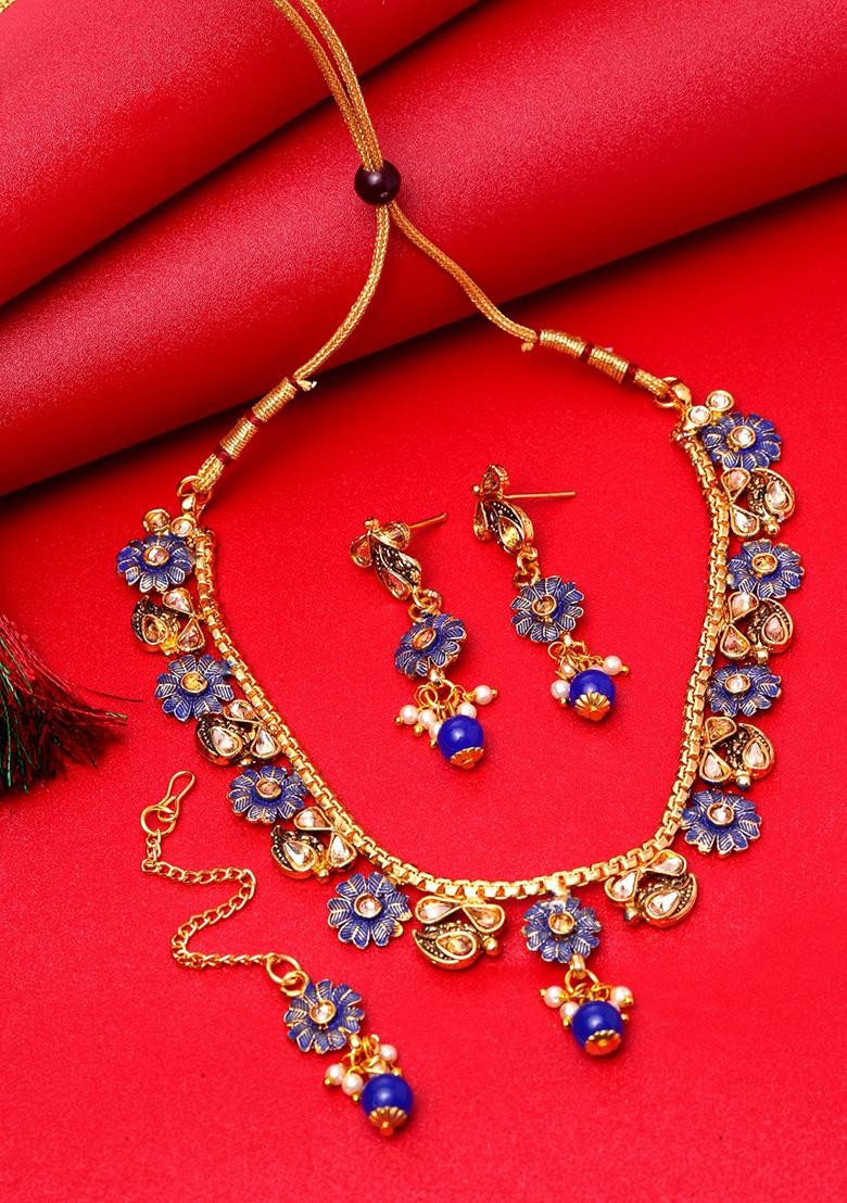 Blue Gold Plated Kundan Necklace Set With Maang Tikka - Indya