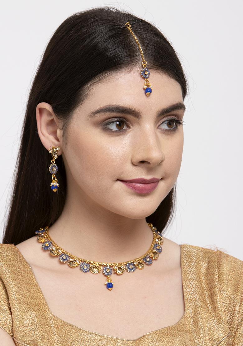 Blue Gold Plated Kundan Necklace Set With Maang Tikka - Indya