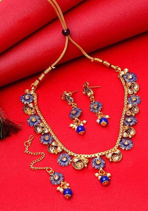 Blue Gold Plated Kundan Necklace Set With Maang Tikka