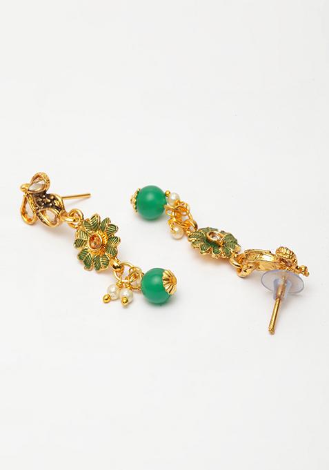 Green Gold Plated Kundan Necklace Set With Maang Tikka