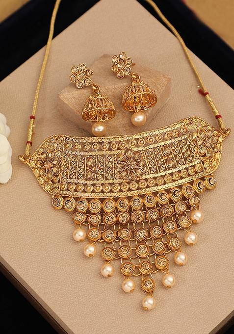 Gold Plated Artificial Stone And Bead Necklace Set