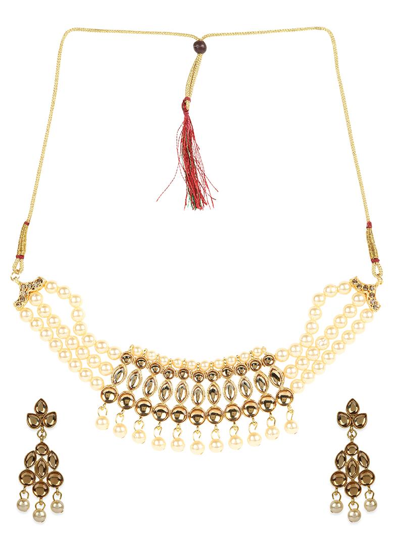 Tan Gold Plated Kundan Necklace Set With Maang Tikka