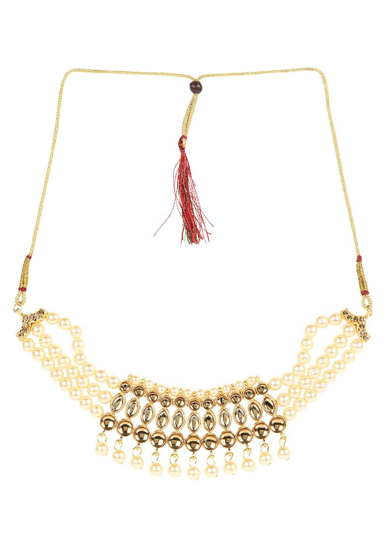 Tan Gold Plated Kundan Necklace Set With Maang Tikka