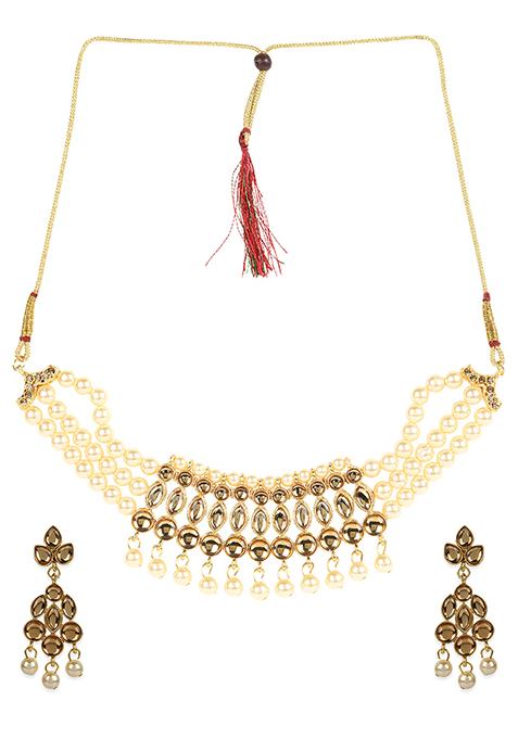 Tan Gold Plated Kundan Necklace Set With Maang Tikka