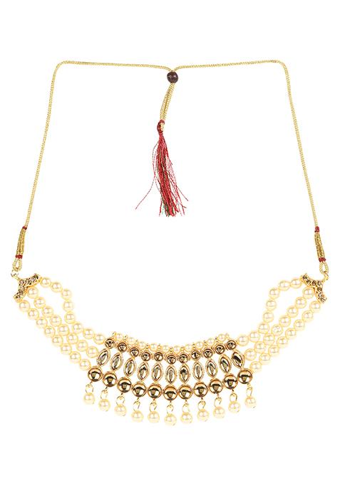 Tan Gold Plated Kundan Necklace Set With Maang Tikka