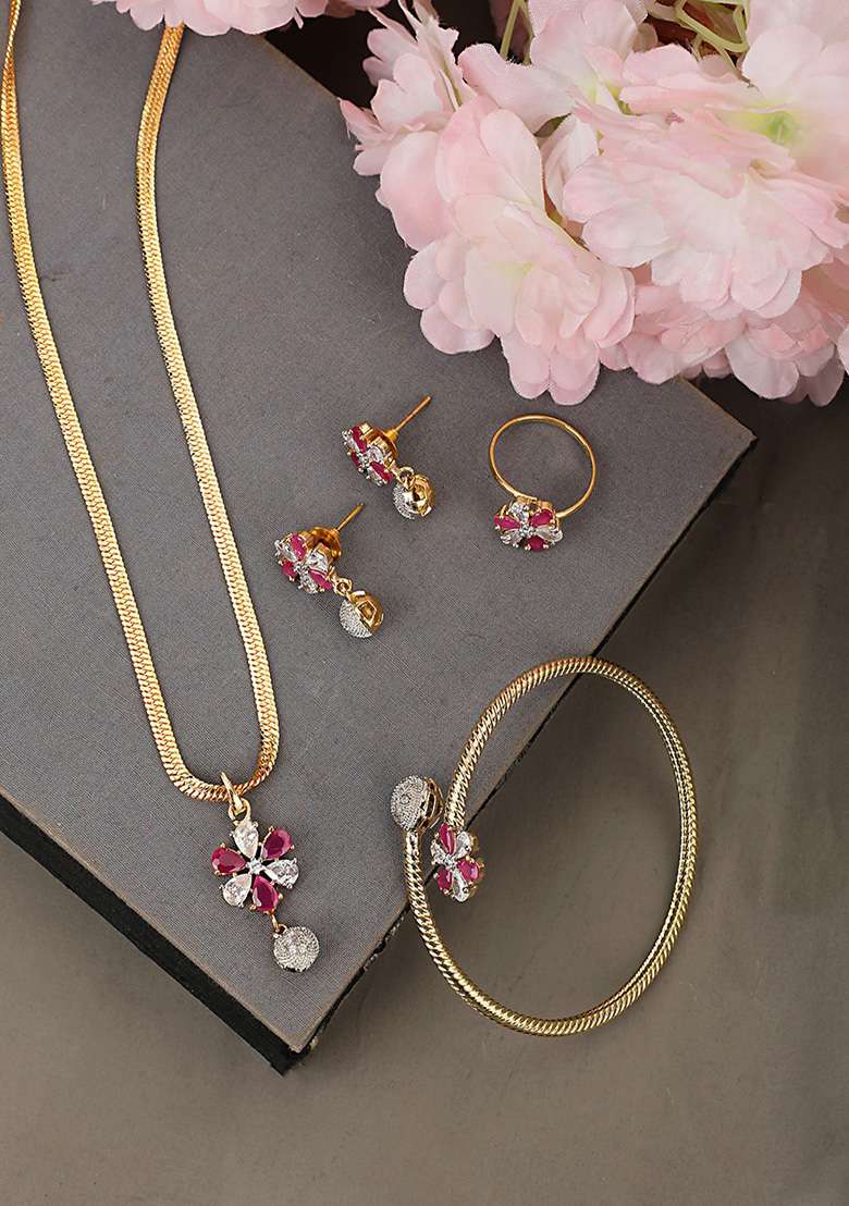 Magenta Gold Plated American Diamond Necklace Set With Ring And Bracelet - Indya