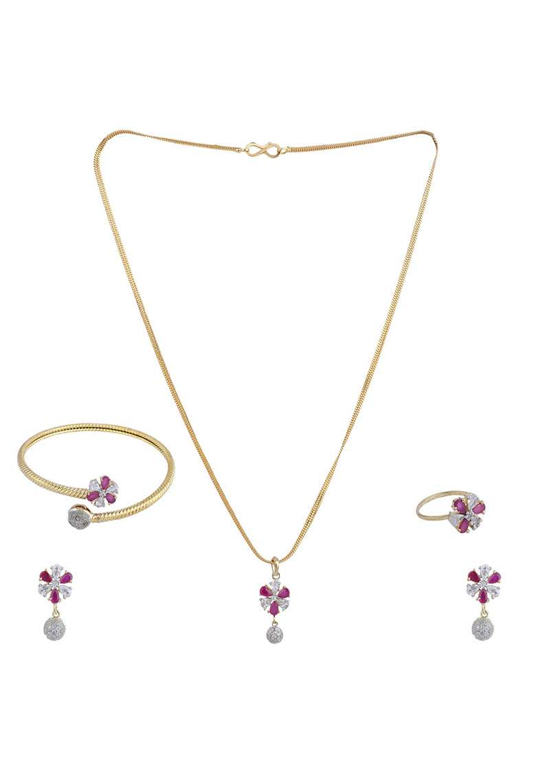 Magenta Gold Plated American Diamond Necklace Set With Ring And Bracelet - Indya