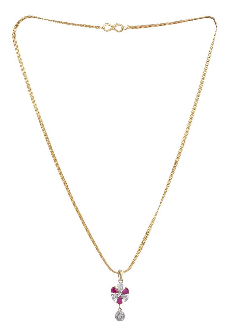 Magenta Gold Plated American Diamond Necklace Set With Ring And Bracelet - Indya