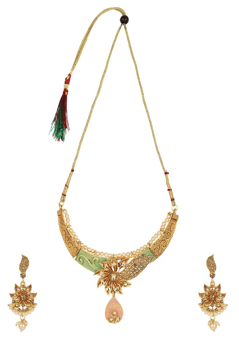 Gold Plated Artificial Stone And Bead Necklace Set - Indya