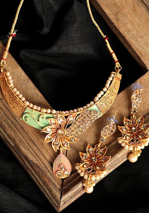 Gold Plated Artificial Stone And Bead Necklace Set