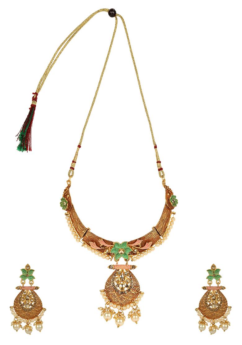 Gold Plated Artificial Stone And Bead Necklace Set - Indya