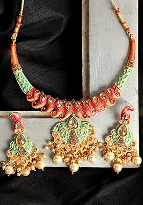 Gold Plated Artificial Stone And Bead Necklace Set