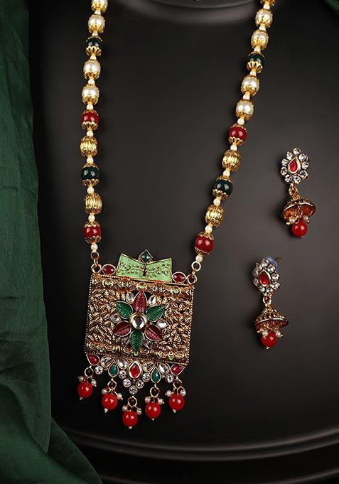 Multicolour Gold Plated Artificial Stone And Bead Necklace Set