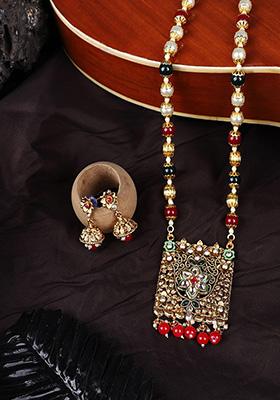Multicolour Gold Plated Artificial Stone And Bead Necklace Set