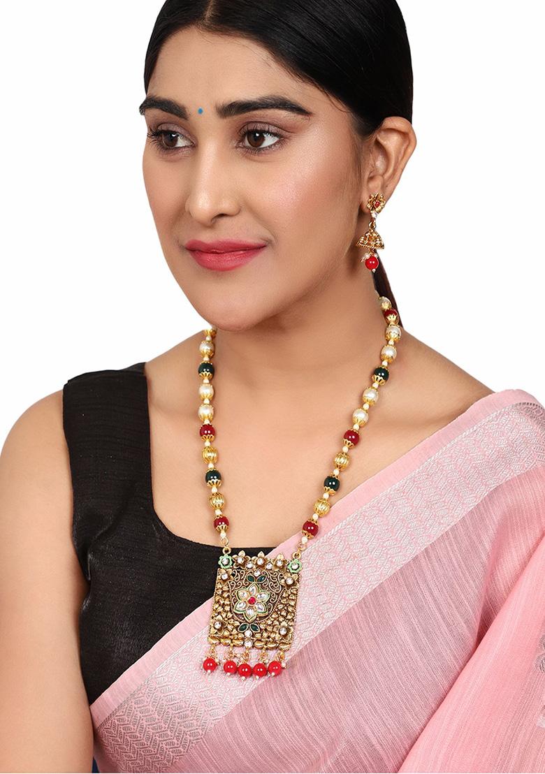 Multicolour Gold Plated Artificial Stone And Bead Necklace Set