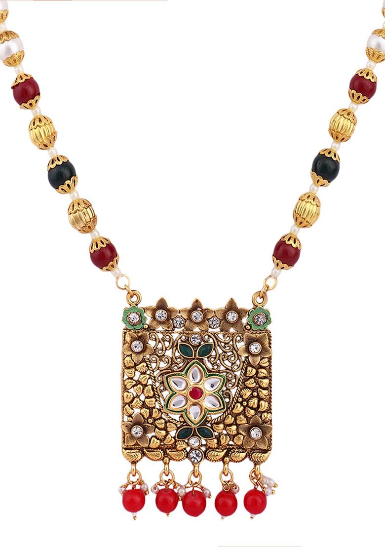 Multicolour Gold Plated Artificial Stone And Bead Necklace Set - Indya