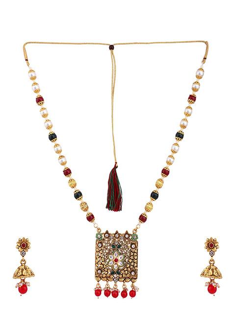 Multicolour Gold Plated Artificial Stone And Bead Necklace Set
