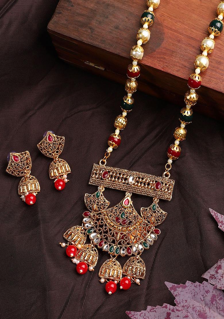 Multicolour Gold Plated Artificial Stone And Bead Necklace Set