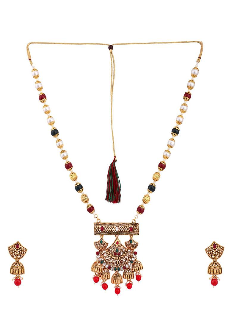 Multicolour Gold Plated Artificial Stone And Bead Necklace Set
