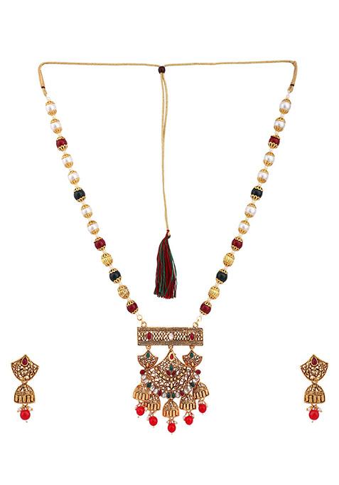 Multicolour Gold Plated Artificial Stone And Bead Necklace Set