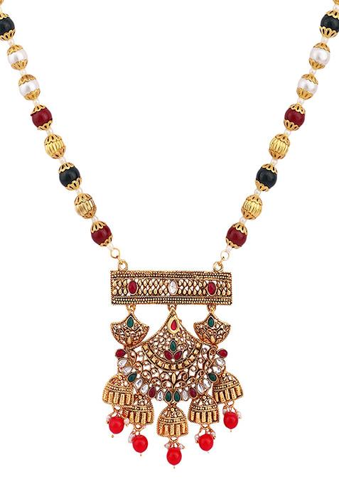 Multicolour Gold Plated Artificial Stone And Bead Necklace Set
