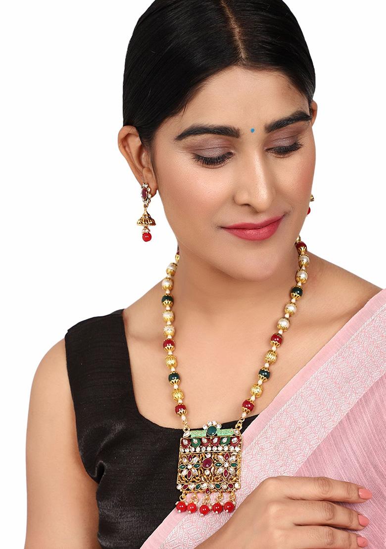 Multicolour Gold Plated Artificial Stone And Bead Necklace Set