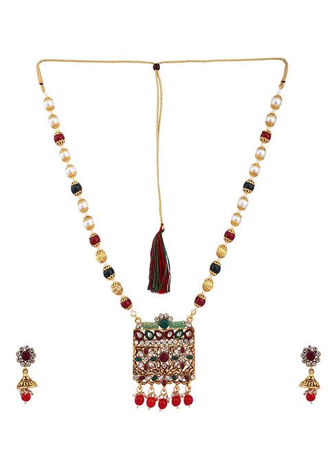 Multicolour Gold Plated Artificial Stone And Bead Necklace Set