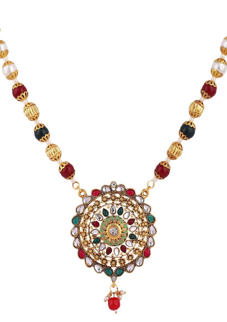 Multicolour Gold Plated Artificial Stone And Bead Necklace Set - Indya