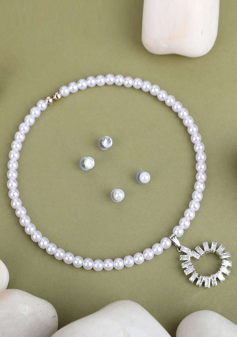 White Gold Plated Pearl Necklace Set - Indya