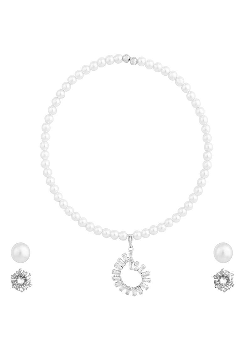 White Gold Plated Pearl Necklace Set - Indya