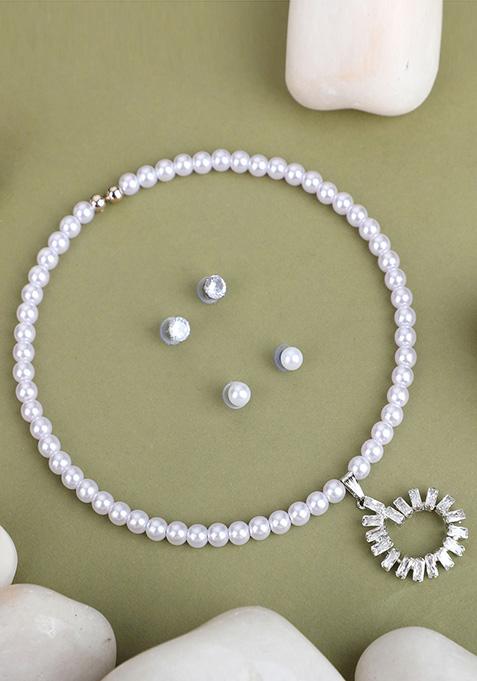 White Gold Plated Pearl Necklace Set