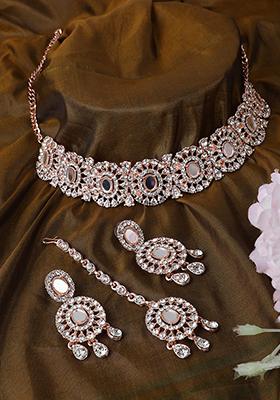 Rose Gold Rose Gold Plated American Diamond Necklace Set With Maang Tikka