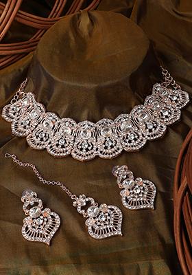 Rose Gold Rose Gold Plated American Diamond Necklace Set With Maang Tikka