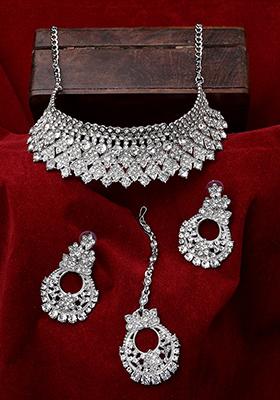 White Silver Plated American Diamond Necklace Set With Maang Tikka