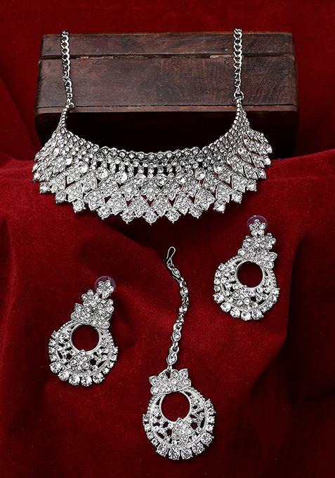 White Silver Plated American Diamond Necklace Set With Maang Tikka