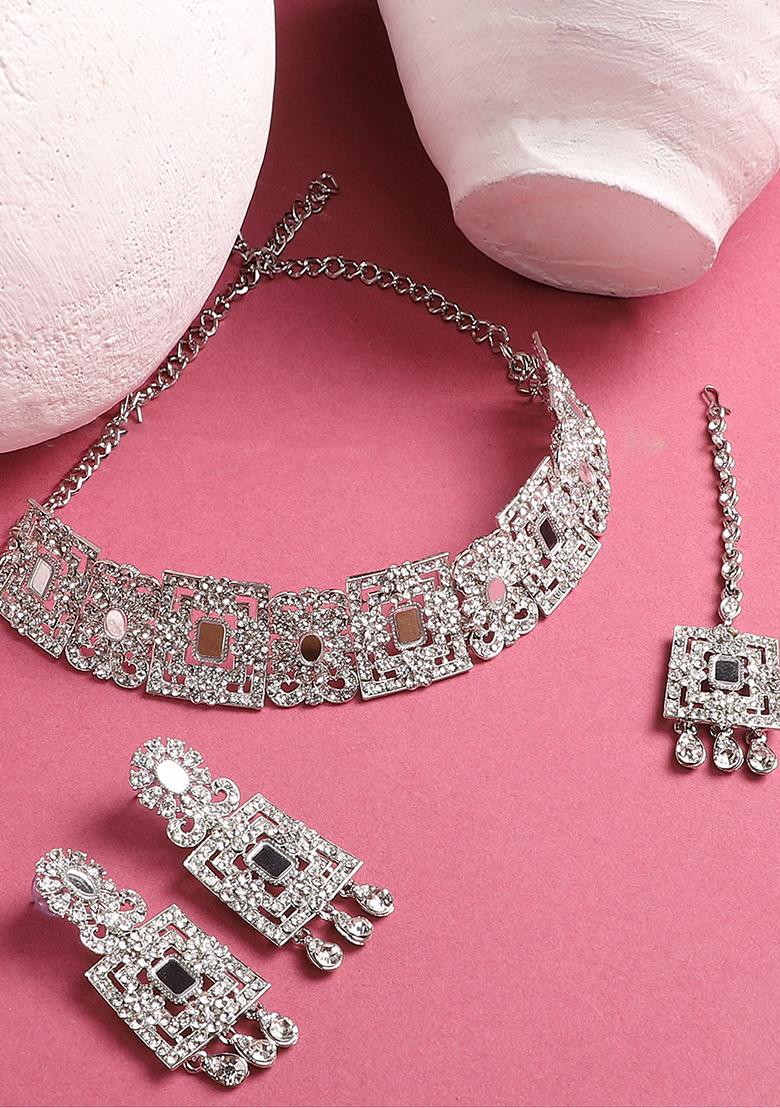 White Silver Plated American Diamond Necklace Set With Maang Tikka - Indya