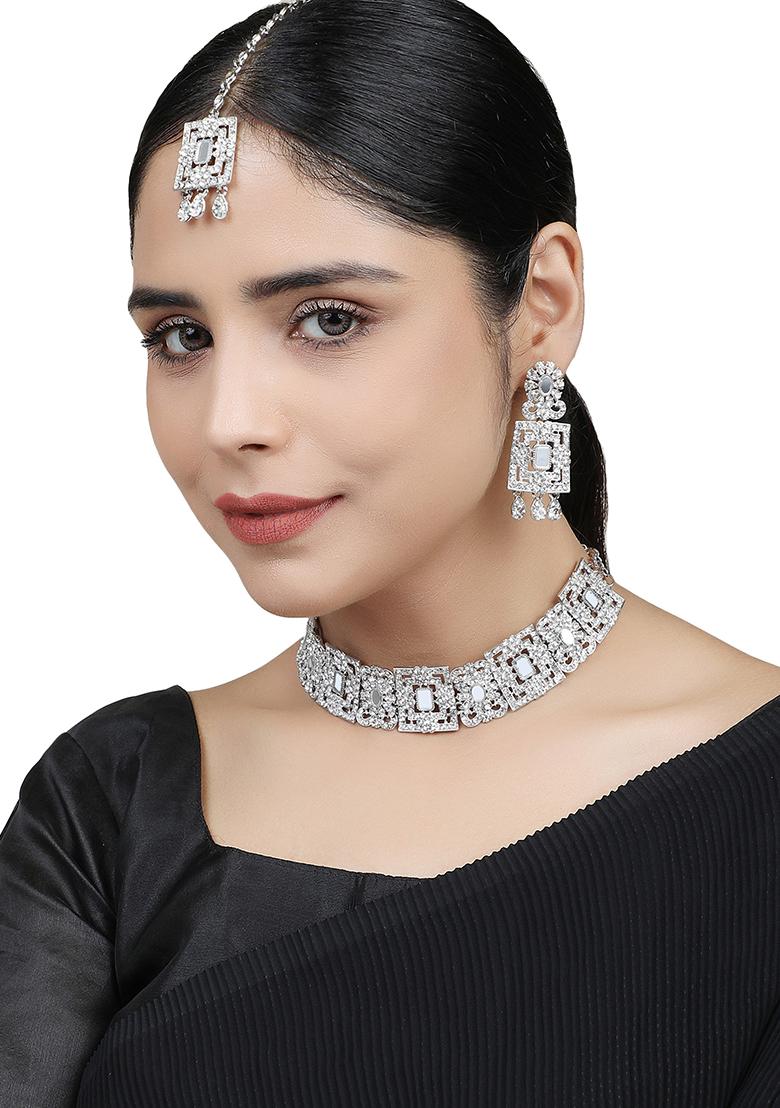 White Silver Plated American Diamond Necklace Set With Maang Tikka - Indya