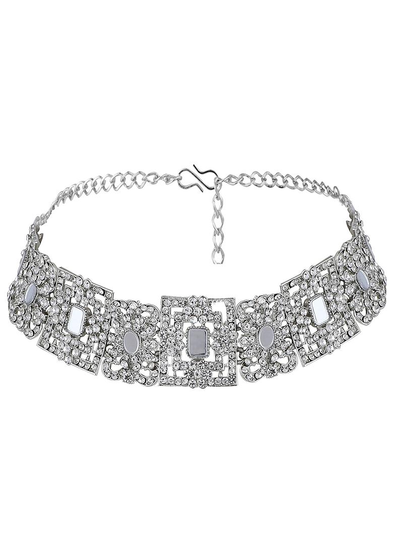 White Silver Plated American Diamond Necklace Set With Maang Tikka