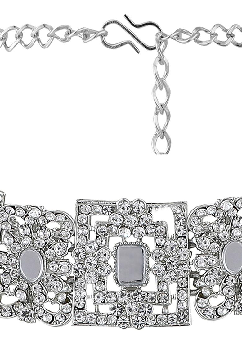 White Silver Plated American Diamond Necklace Set With Maang Tikka - Indya