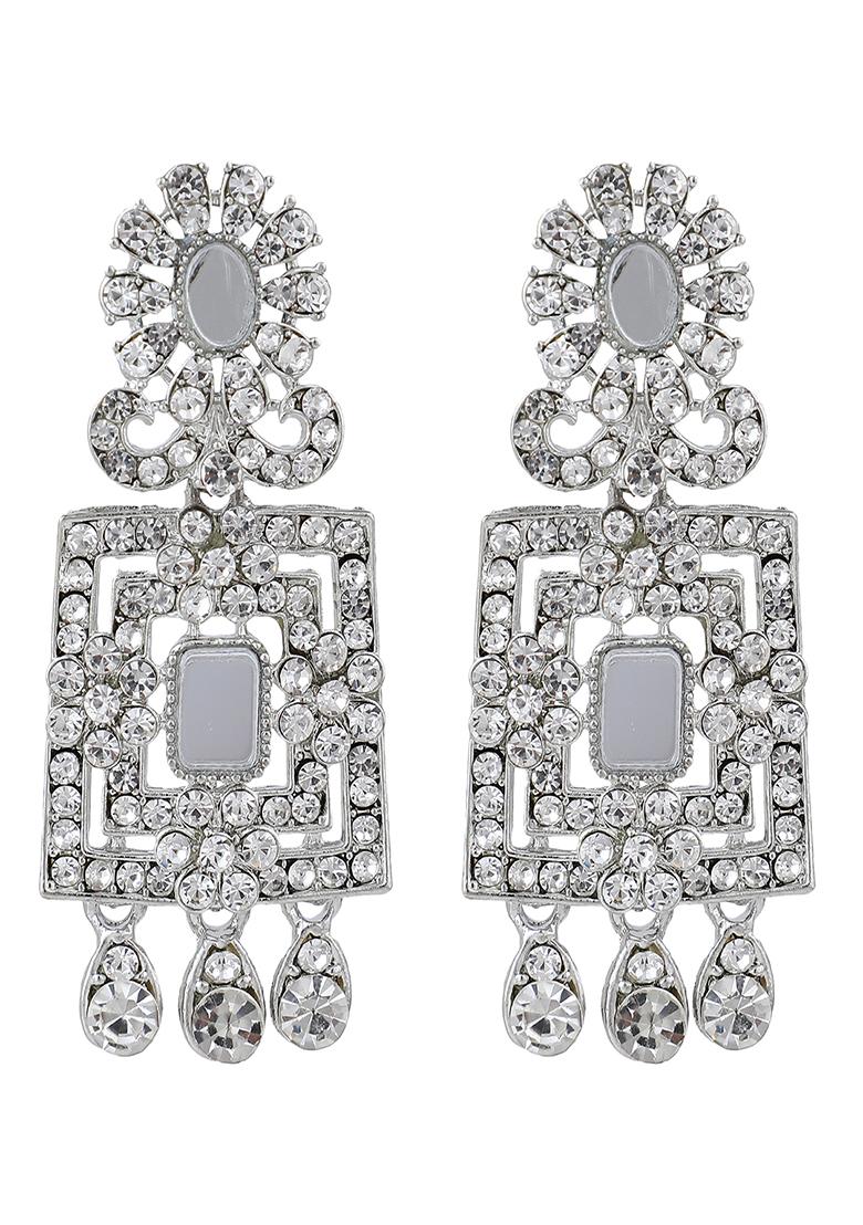 White Silver Plated American Diamond Necklace Set With Maang Tikka - Indya