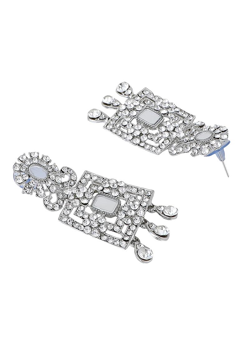 White Silver Plated American Diamond Necklace Set With Maang Tikka - Indya