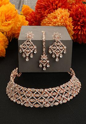 Rose Gold Rose Gold Plated American Diamond Necklace Set With Maang Tikka