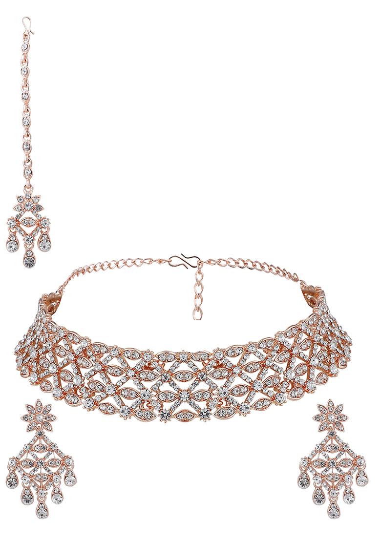 Rose Gold Rose Gold Plated American Diamond Necklace Set With Maang Tikka