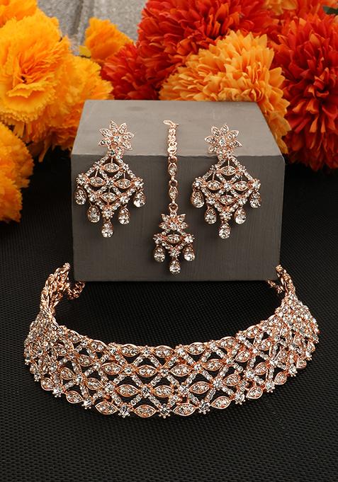 Rose Gold Rose Gold Plated American Diamond Necklace Set With Maang Tikka