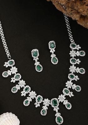 Green Silver Plated American Diamond Necklace Set