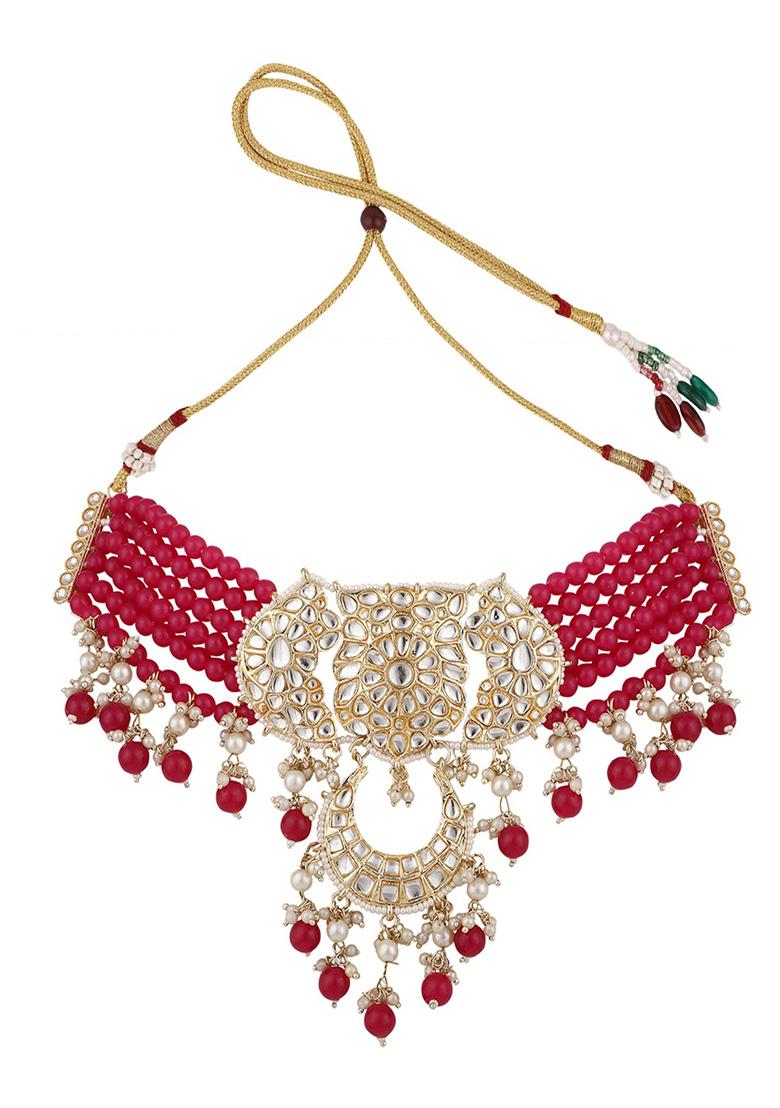 Magenta Gold Plated Kundan Necklace Set - Indya