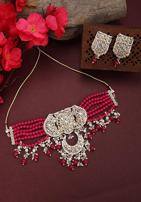 Magenta Gold Plated Kundan Necklace Set