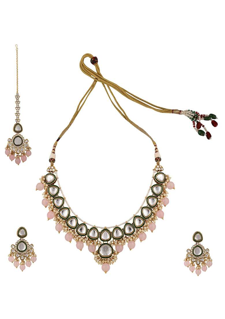 Pink Gold Plated Kundan Necklace Set With Maang Tikka - Indya
