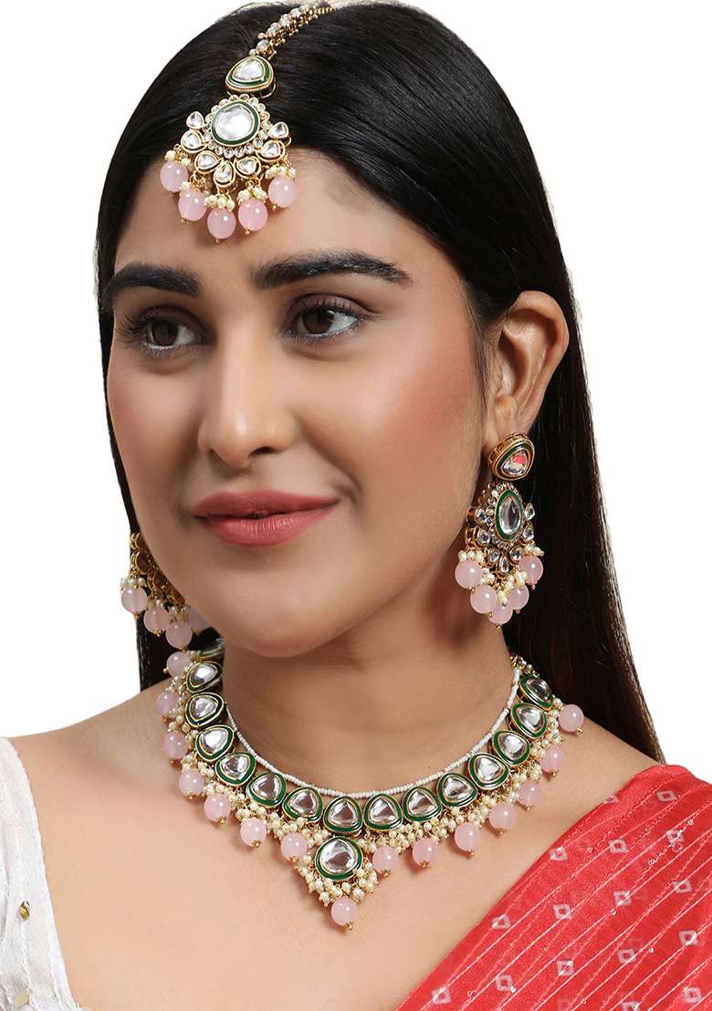 Pink Gold Plated Kundan Necklace Set With Maang Tikka - Indya